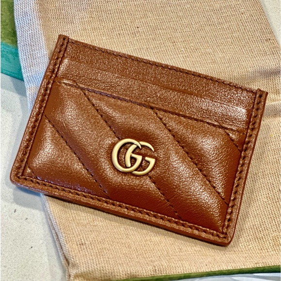 New Authentic Gucci Marmont Brown Matellase Chevron Leather Cardholder - Picture 2 of 11